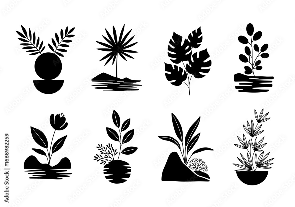 Poster Assorted botanical illustrations featuring various plants and geometric shapes in a vector format