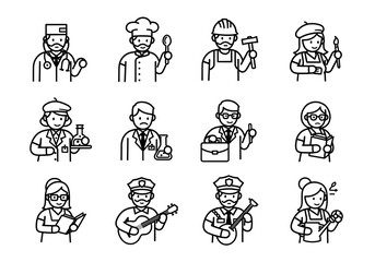 Obraz premium Line drawings showing various professions including doctor chef artist and musician icons set graphic