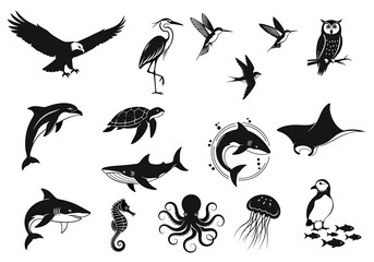 Collection of various animal illustrations including birds, sea creatures, and mammals in vector format