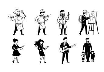 Illustrations of various professionals including a chef doctor and artist in a vector graphic