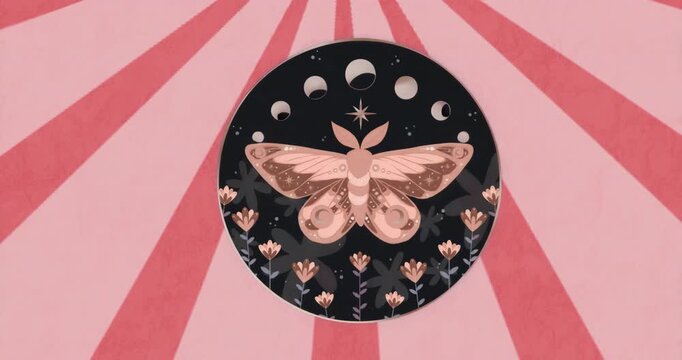 Fade-in initiating circular emblem, pink rays sweeping outward then retracting to showcase design