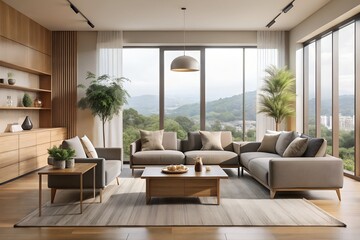 Fototapeta premium Bright living room with comfortable sofa, scenic view, and wooden furniture