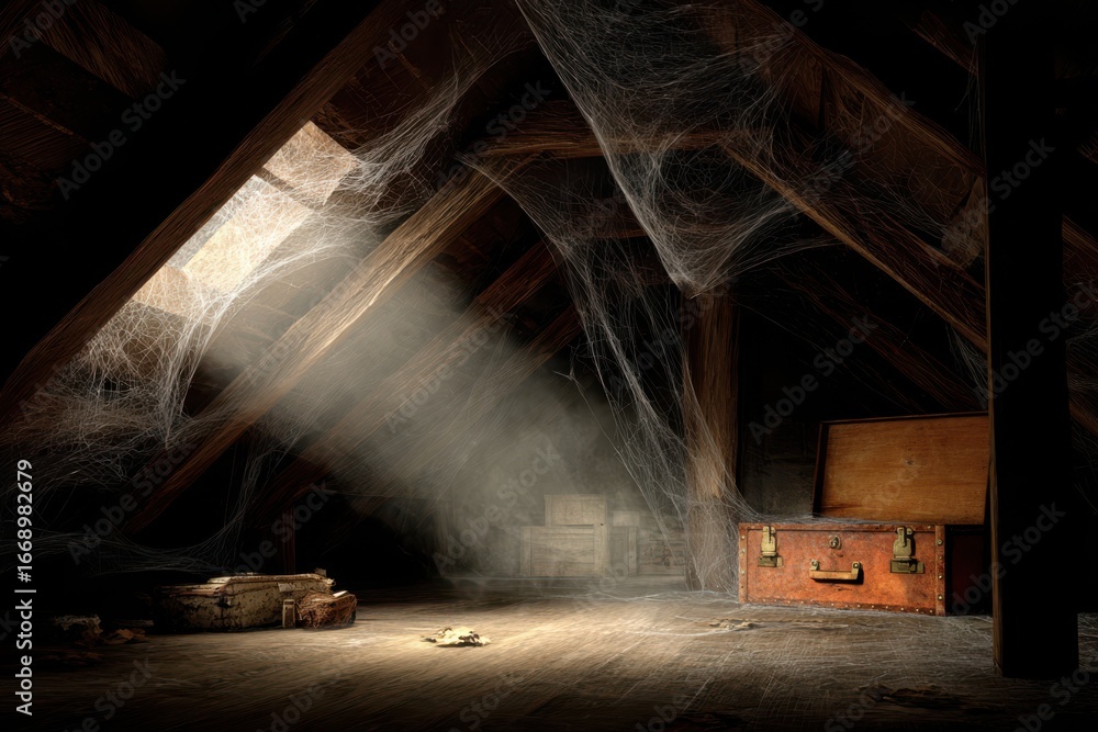 Poster A spooky attic with a wooden floor covered in cobwebs, creating a creepy atmosphere. A spider web is prominently displayed in the corner of the room.
