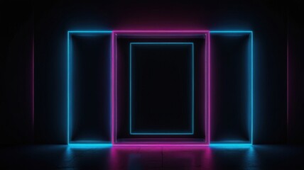 Symmetrical Neon Pulse Frames in Blue and Pink Illuminating Dark Blank Screens
