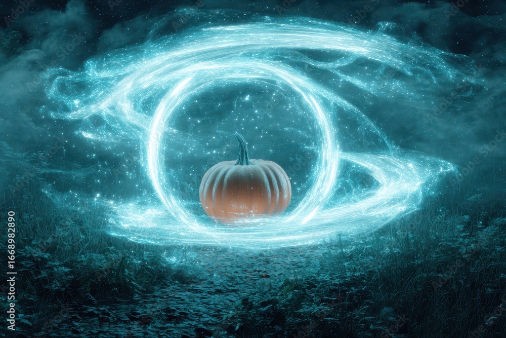 Poster a 3d render of a glowing pumpkin portal in a mystical swirl, creating a mesmerizing and enchanting s
