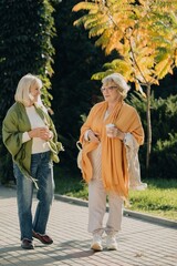 Obraz premium Two senior women walking and talking in a park during autumn
