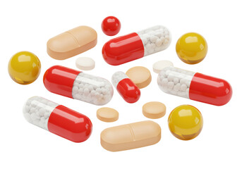 Isolated pharmaceutical assortment featuring red and clear capsule pills filled with small white spheres