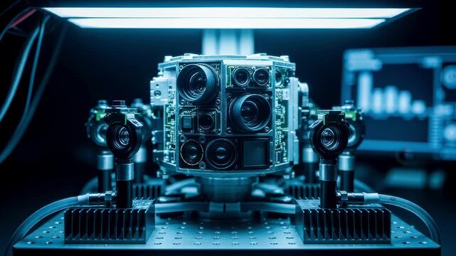 Smart munition guidance sensor arrays examined under bright LED lighting on a calibration bench with thermal stabilization.