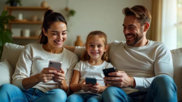 A cheerful family at home happily using multiple digital devices symbolizing peace of mind and financial security thanks to a longterm fixedprice mobile plan. Cinematic shallow