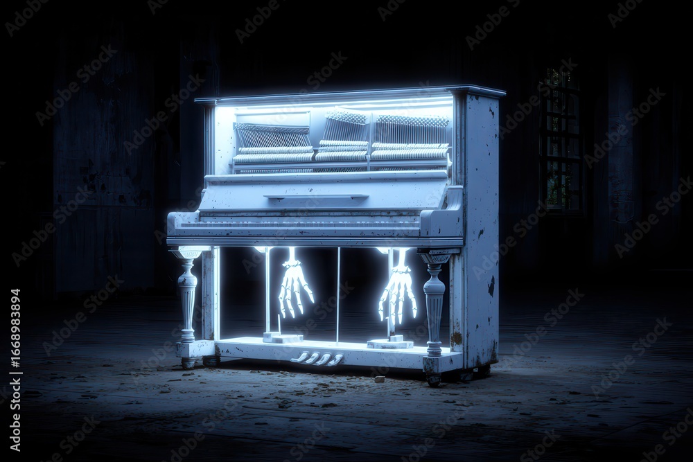 Poster a 3d rendered image of a creepy piano in an abandoned house with a mysterious light shining on it, c