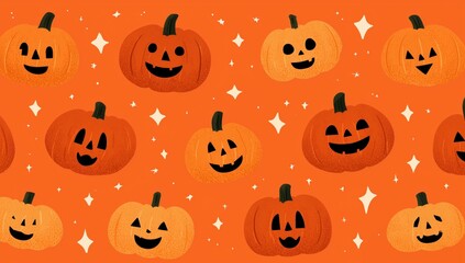 a pattern of smiling pumpkins and stars on an orange background, suitable for halloween-themed designs or decor the pumpkins have carved faces with different expressions Generative AI