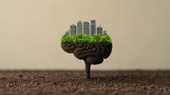 A creative blend of urban architecture and nature, depicted as a brain composed of soil, trees, and buildings, symbolizing environmental consciousness.