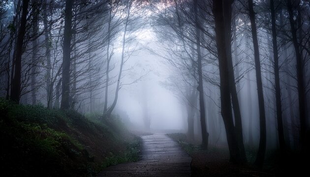 Fototapeta in a dimly lit forest the thick fog enveloped the surroundings creating an eerie atmosphere that mirrored the protagonist s feelings of impending doom