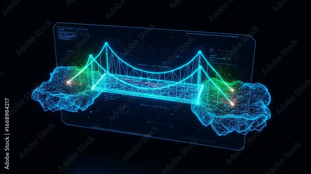 Aufkleber digital bridge concept with illuminated points over abstract landscapes, displaying technological co