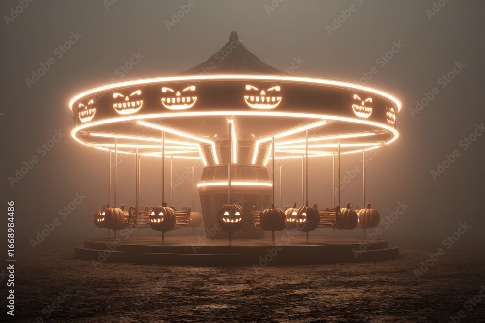 Poster a creepy carousel with glowing lights in a foggy setting, creating a mysterious and eerie atmosphere