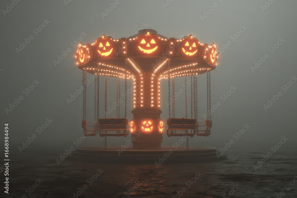 Poster a spooky 3d render of a carousel shrouded in fog with glowing jack-o'-lanterns, creating a creepy an