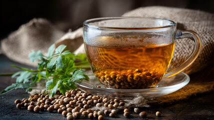 Fototapeta premium Glass cup of coriander seed herbal tea