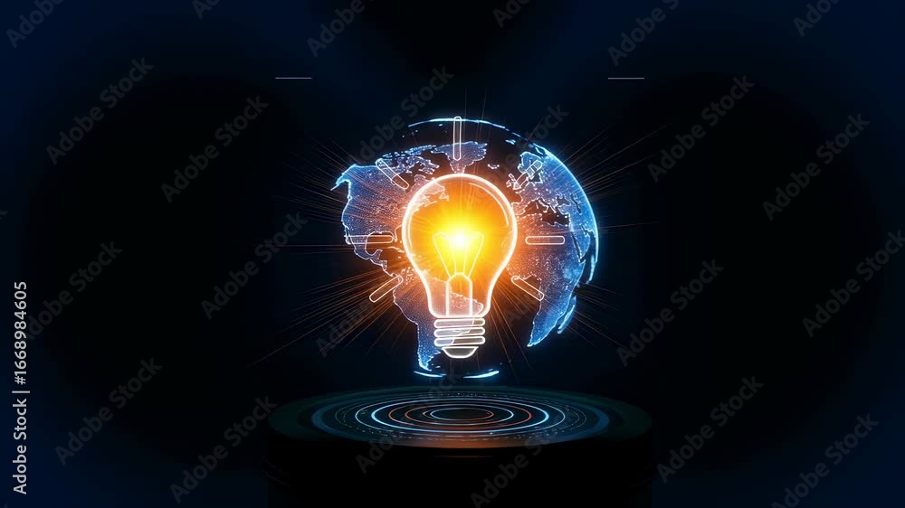 Poster light bulb innovation with global map and data network. digital solution for creative business ideas