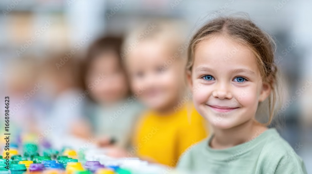 Poster smiling child engaged in creative play with colorful building blocks