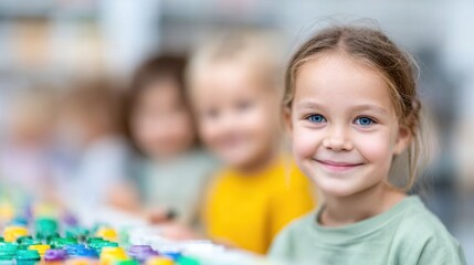 Obraz premium Smiling child engaged in creative play with colorful building blocks