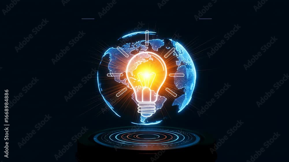 Poster digital light bulb glowing bright on earth globe for global innovation and idea connection with data