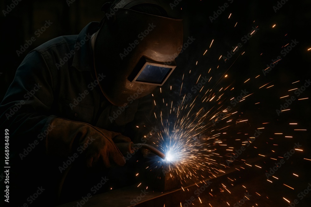 Poster welder using a welding torch wearing protective mask and gloves creating a lot of sparks in a dark e
