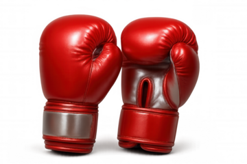 Shiny red boxing gloves with silver metallic name tag isolated on transparent background, ready for a boxing match