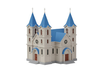 Isolated architectural rendering showcasing a three-spired cathedral with blue peaked roofs and...