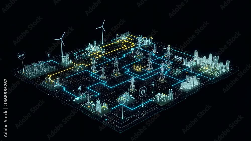 Poster digital visualization of a smart city grid showing power flow from various energy sources to urban a