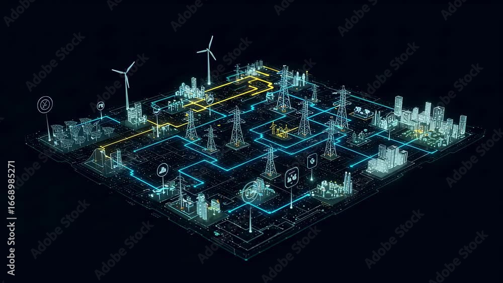 Poster smart grid system with wind power and city power distribution across a digital circuit board animati