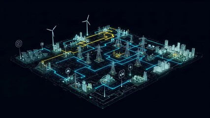 Smart grid system with wind power and city power distribution across a digital circuit board animation. - Powered by Adobe