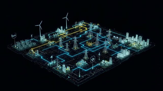 Digital visualization of a smart city grid showing power flow from various energy sources to urban areas, illustrating modern infrastructure planning.