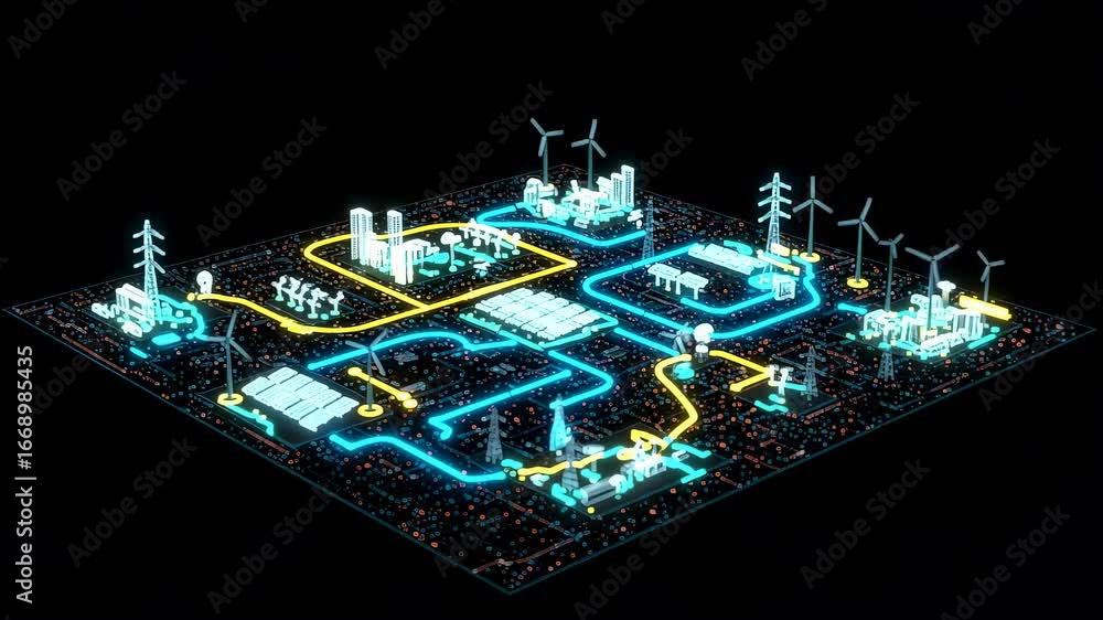 Poster smart city energy grid with glowing lines showing power distribution between renewable sources and u