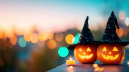 Naklejka premium Halloween celebration with carved pumpkins and candles at sunset