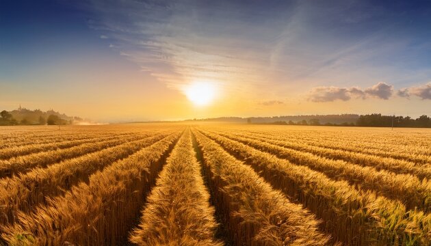 golden sunrise over a wheat field with rows of crops and warm light - Powered by Adobe
