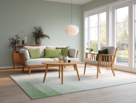 A modern living room featuring a light-filled space, light-colored furniture, and a soft, calming color palette.