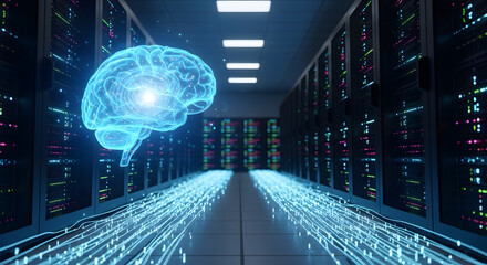 AI and Cloud Computing Brain Data Flowing Through Server Racks, Digital Technology