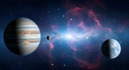 Jupiter and moons float amidst cosmic background of nebula and stardust in deep space