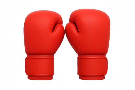 Pair of red boxing gloves facing each other, representing combat sports and competition, isolated on transparent background