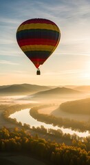 Obraz premium Hot air balloon flying over a foggy valley at sunrise, aerial view