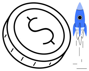 Large coin with dollar sign alongside a blue rocket taking off, symbolizing economic progress, investment, and innovation. Ideal for finance, business, startups, savings, technology growth