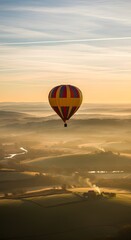 Obraz premium Hot air balloon flying over a misty valley at sunrise in the morning
