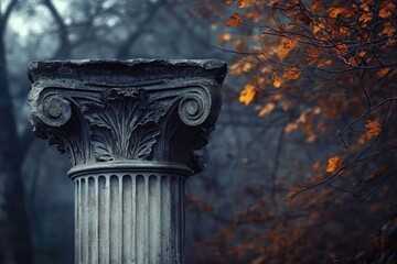A weathered classical column, a testament to time, set against a backdrop of autumnal foliage and misty woods.