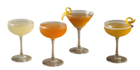 Vibrant Cocktail Collection: A captivating shot showcases four exquisite cocktails with varied colors and garnishes, each meticulously crafted for visual appeal