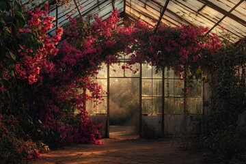 A greenhouse entranceway is framed by a vibrant cascade of pink bougainvillea flowers, bathed in soft sunlight with dark greenery.