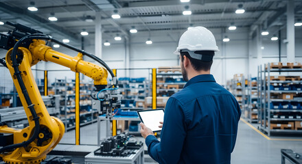 Engineer Overseeing Automated Factory Production with Robotic Arm and Digital Tablet