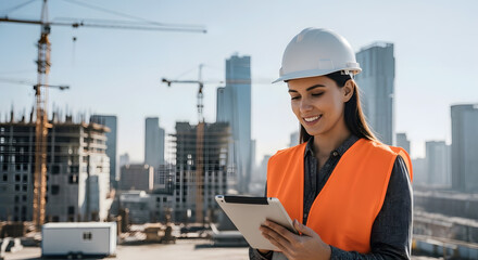 Female Architect Overseeing Construction Site Project with Digital Tablet Technology
