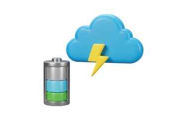 Isolated 3D Illustration of a Battery with a Cloud and Lightning Bolt, Representing Renewable...
