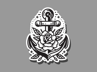 Old School Nautical Tattoo Vector Design of Anchor and Rose