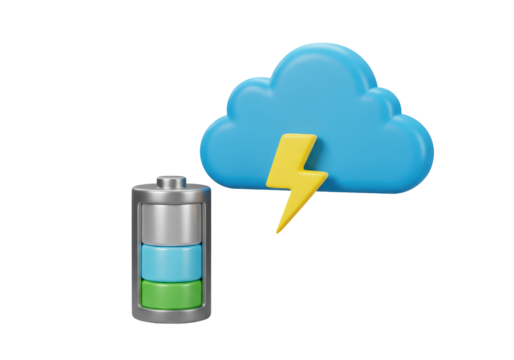 Isolated 3D Illustration of a Battery with a Cloud and Lightning Bolt, Representing Renewable Energy, Cloud Computing, or Power Solutions
